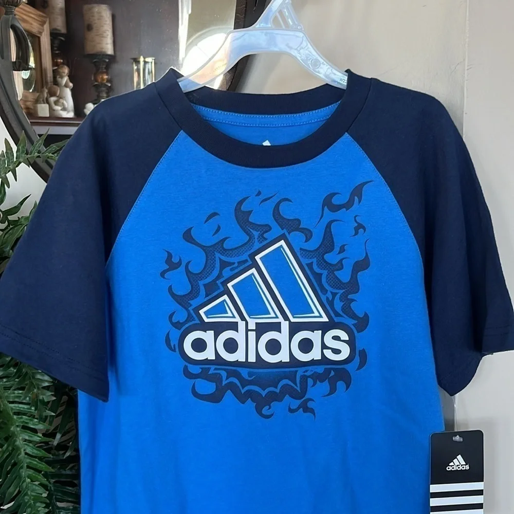 Brand New Adidas Blue Colorblock Shirt Fire Flames Graphic Print Athletic Top